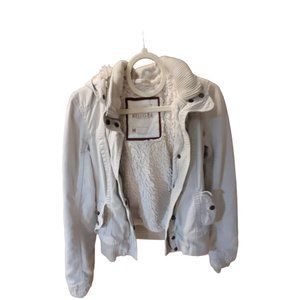 Hollister Sherpa Faux Fur Lined Hooded Full Zip Jacket White Size Medium Vintage